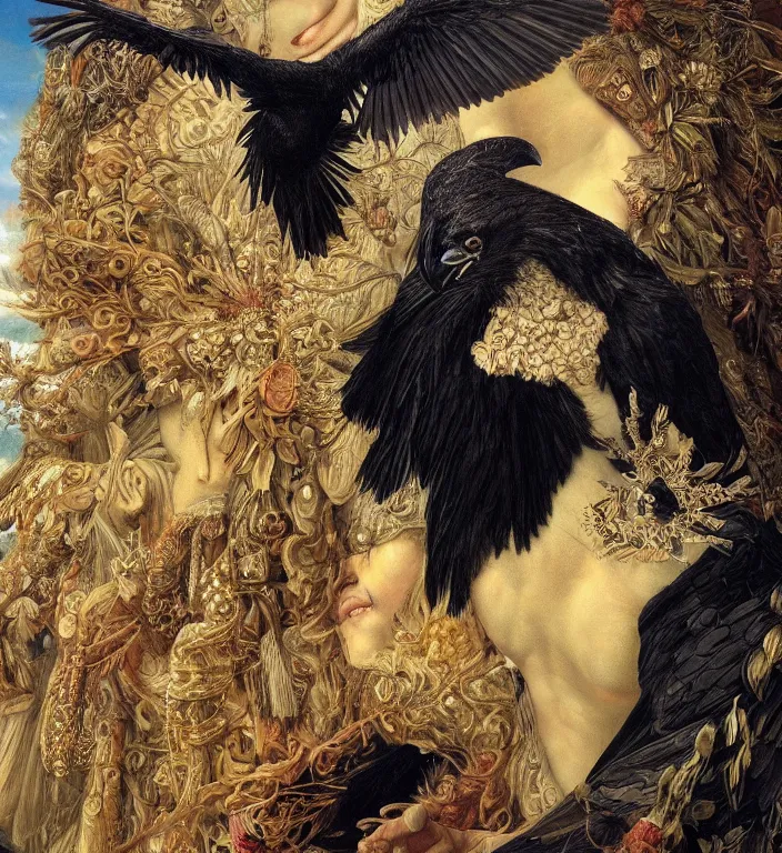 Image similar to a breathtakingly stunningly beautifully highly detailed portrait of a majestic raven, by rosetti and devinci and michael cheval and sidney cooper and turner, 4 k