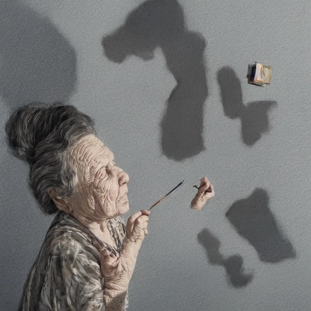 Prompt: a very beautiful polaroid photograph portrait. watercolor and pen painting. very stylized. a sweet fat old woman is painting her shadow on the wall. very stylized. 4 k. wide angle. wild movements. 3 d. symmetrical face. clear realistic face. beautiful hands. deep focus, lovely scene. arnold maya render. concept art. unreal engine