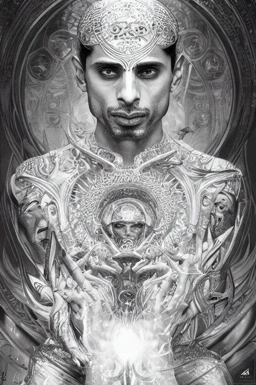 Image similar to Riz Ahmed as a Universal God, fantasy, intricate, elegant, highly detailed, digital painting, 4k, HDR, concept art, smooth, sharp focus, illustration, art by artgerm and H R Giger and alphonse mucha
