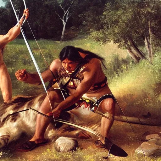 Image similar to native american man kills sabertooth with bow and arrow on great plains, painting by emanuel leutze and emanuel leutze and emanuel leutze