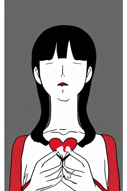 Image similar to portrait of a girl in long pants and a top, hands in pockets, eyes closed, red color heart shaped tattoo on the right hand, bob haircut, digital art, black and white, minimalistic illustration by junji ito and kaoru mori