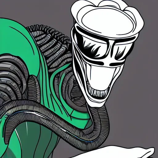 Prompt: The Xenomorph, employee of the month at Starbucks, very detailed, portrait, digital artwork, 8k, masterpiece.