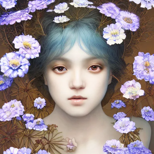 Prompt: breathtaking detailed concept art painting of the goddess of nemophila flowers, orthodox saint, with anxious, piercing eyes, ornate background, amalgamation of leaves and flowers, by Hsiao-Ron Cheng, James jean, Miho Hirano, Hayao Miyazaki, extremely moody lighting, 8K