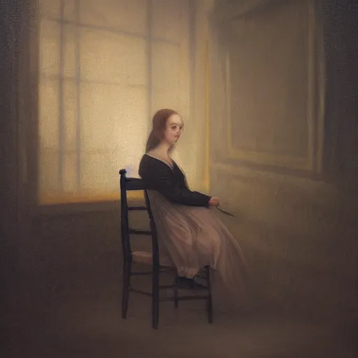 Image similar to a woman sitting on a chair inside of a dark, foreboding room, a dark figure ’ s face is depicted behind, 1 7 0 0 s oil painting, dark art, vignette, bloom effect, cgsociety, artstation, 4 k, 8 k