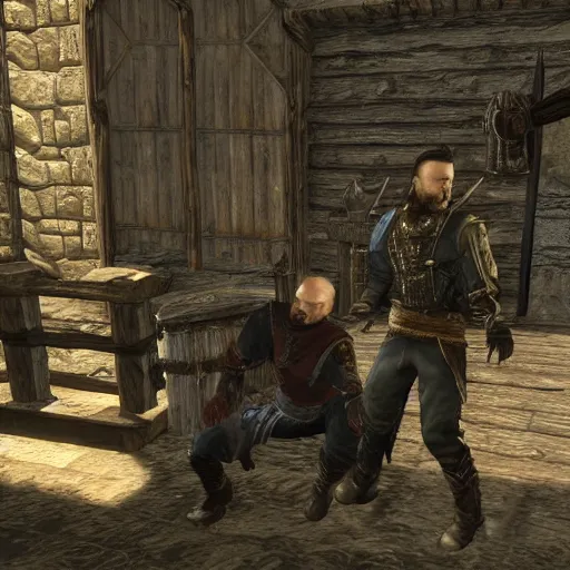 Image similar to jesse pinkman gets caught by riften town guard, tamriel, elder scrolls, skyrim, adventuring gear, highly detailed