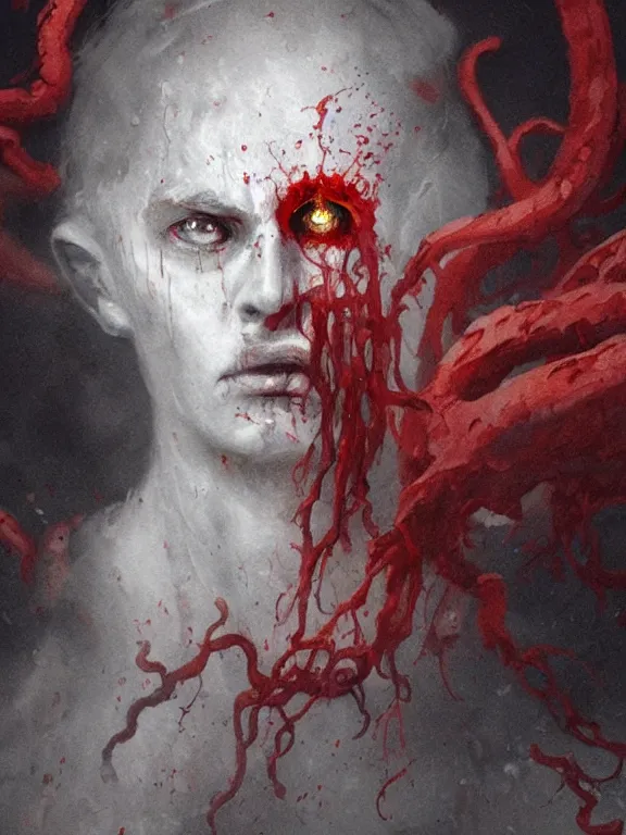 Image similar to painting by greg rutkowski of a flying sorrowful looking human head with tears running down it's eyes, face that is chalk white in color, with long sprawling white tentacles stemming down it's neck, fiery scorching red eyes, flying in a terrying hellish dark cavernous place