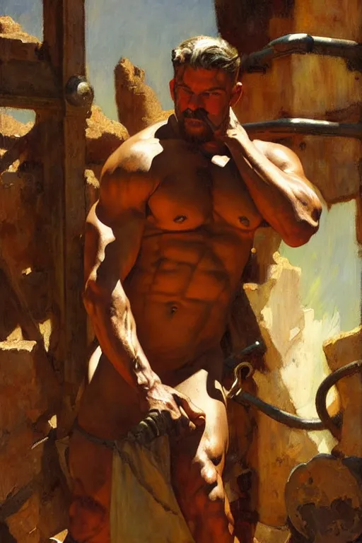 Image similar to muscular sweaty male blacksmith, forgehouse painting by gaston bussiere, craig mullins, j. c. leyendecker, tom of finland