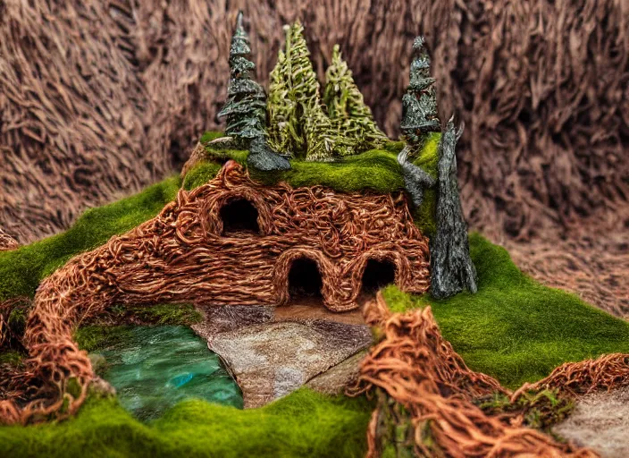 Image similar to high - res photograph of a felt and copper wire sculpture diorama with fantasy castles, highly detailed sculpey diorama, forest setting in iceland, waterfall backdrop, realistic materials, wood, felt, cloth, burlap, copper wire, hot glue, smooth, sharp foccus, commercial product photography,