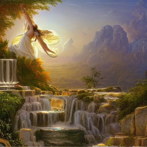 Prompt: realistic detailed view of heaven by terance james bond, russell chatham, greg olsen, thomas cole, james e reynolds, photorealistic, fairytale, art nouveau, white light, gold color, illustration, concept design, storybook layout, story board format