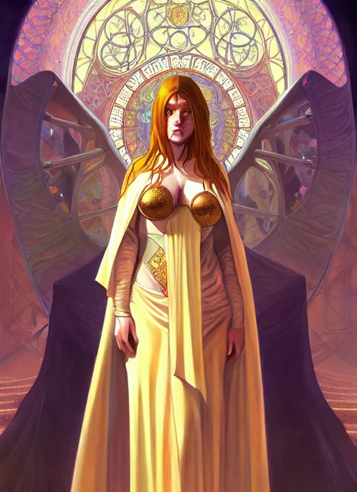 Prompt: portrait of a full body of curvy young female solarpunk priestess in byzantine robes, fantasy, flat lighting, intricate, highly detailed, digital painting, artstation, concept art, smooth, sharp focus, illustration, art by simon bisley and greg rutkowski and boris vallejo and alphonse mucha, natural tpose