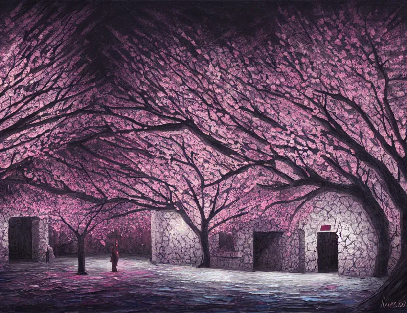 Image similar to cherry blossom limestone cavern night club. heavily stylized, oil painting by indie concept artist. backlighting, chiaroscuro, intricate details, field of depth.