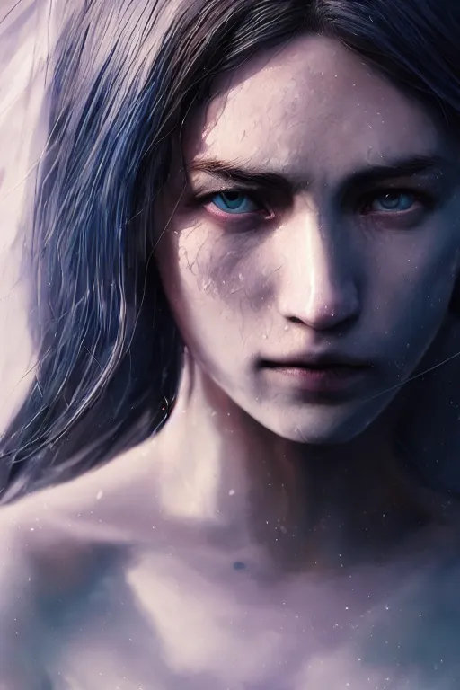 Image similar to A blue eyed women of unknown race by Greg Rutkowski, beeple, Sung Choi, Mitchell Mohrhauser, Maciej Kuciara, Johnson Ting, Maxim Verehin, Peter Konig, final fantasy, macro lens, 35mm, 8k photorealistic, cinematic lighting, HD, high details, dramatic, dark atmosphere, trending on artstation