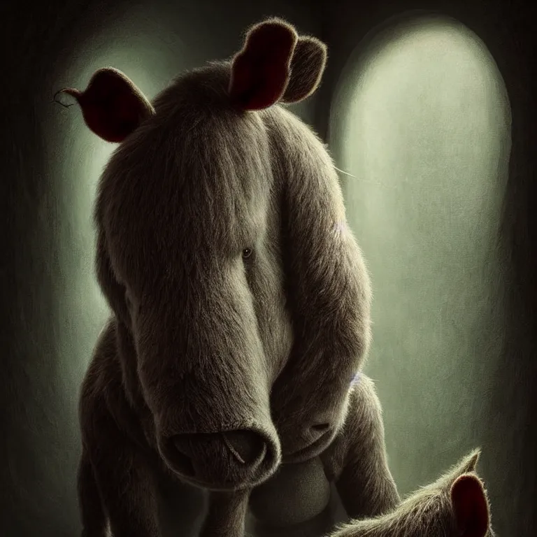 Image similar to epic professional digital art of hungry eeyore, ambient lighting, painted, intricate, detailed, foreboding, by leesha hannigan, wayne haag, reyna rochin, ignacio fernandez rios, mark ryden, iris van herpen,, epic, stunning, gorgeous, much wow, cinematic, masterpiece.