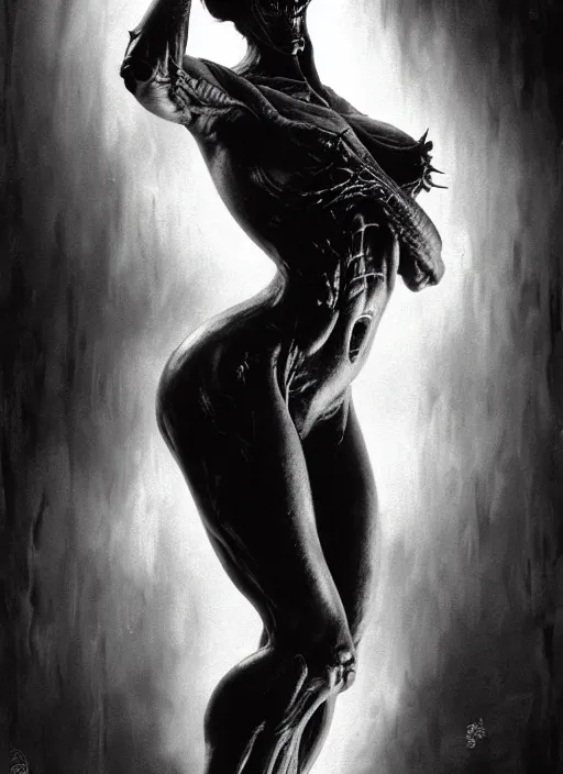 Prompt: ultra realist black and white horror painting of a dimly lit attractive alien female and hellish creature together, very intricate details, focus, curvy figure, model pose, full frame image, artstyle hiraku tanaka and craig mullins, award winning