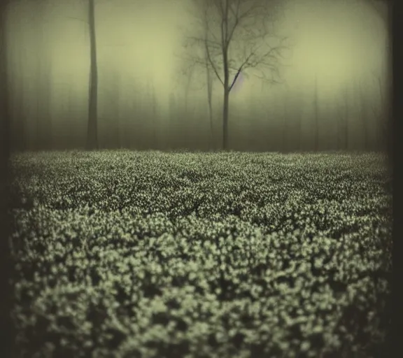 Prompt: black box on the field flowers, by Andrei Tarkovsky, mist, forest, lomography effect, photo, monochrome, photo blurring, 35mm