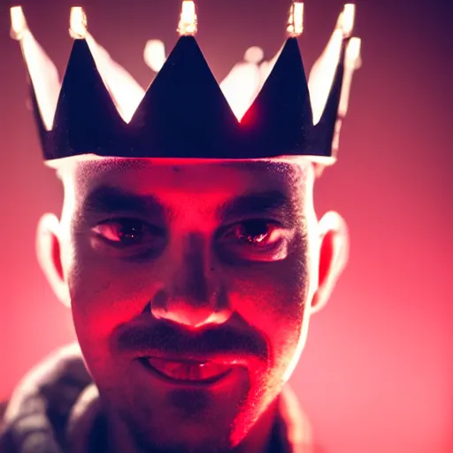 Image similar to man with a crown, smirk, photograph, black backgrounds, glowing red eyes, cyberpunk