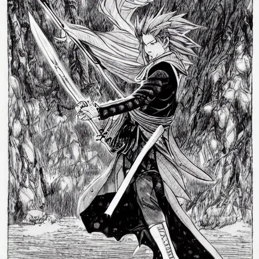 Image similar to a handsome golden Vagabond magic swordsman glides through a beautiful battlefield magic the gathering dramatic esoteric pen and ink illustrated in high detail by Kishimoto