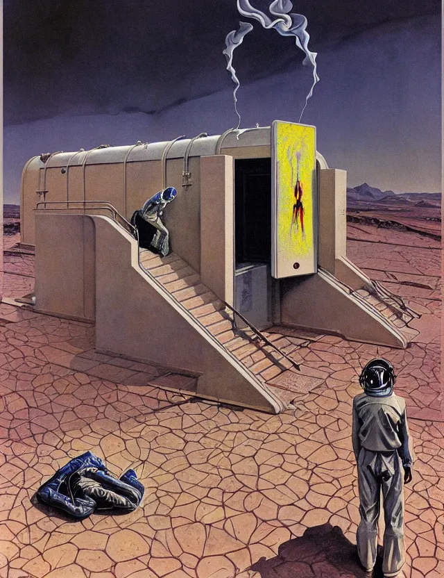 Image similar to crematorium on desert planet, elevator, side ramp entrance ambulance smoke dead bodies, guards intricate, painting by lucian freud and mark brooks, bruce pennington, dark colors, neon, death, guards, nice style culture