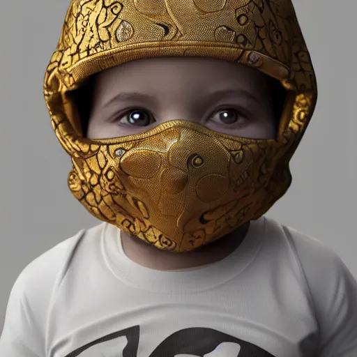 Prompt: 3D render of a baby covered in tattoos wearing a cloth balaclava and showing its gold grill on its teeth, octane render, 3d, cinema4d, cgsociety, artstation