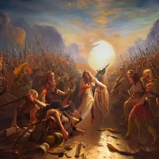 Prompt: the goddesses fraya going to war with her army, oil painting, golden hour, 8 k uhd, high detail, awe - inspiring.