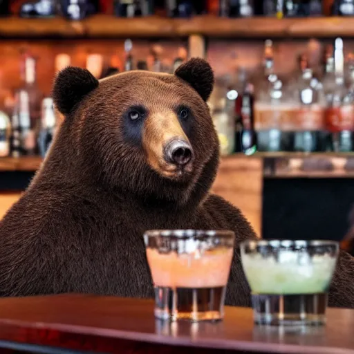 Prompt: a photograph of a sad bear sitting at a bar ordering a drink
