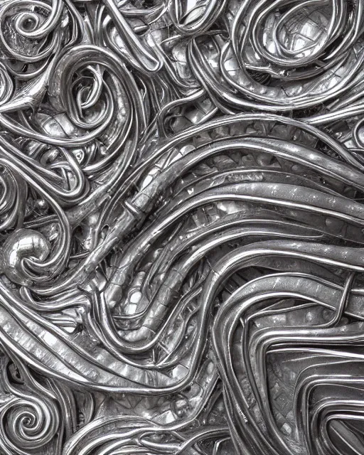 Prompt: studio shot of an intricate silver twisting statue, intricate mathematical shape, professional, textured silver, scratched metal, well lit professional photo, chromatic, HD photography, 4k
