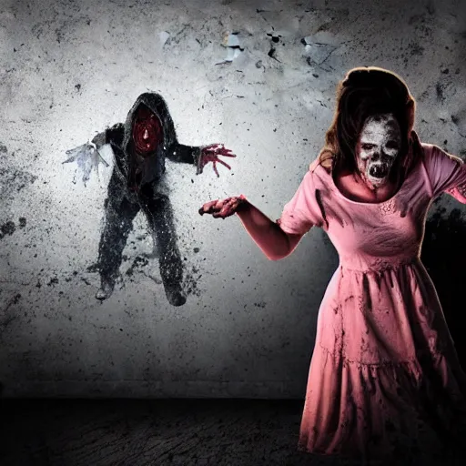 Image similar to dark haunted house with terrified woman pursued by headless zombies