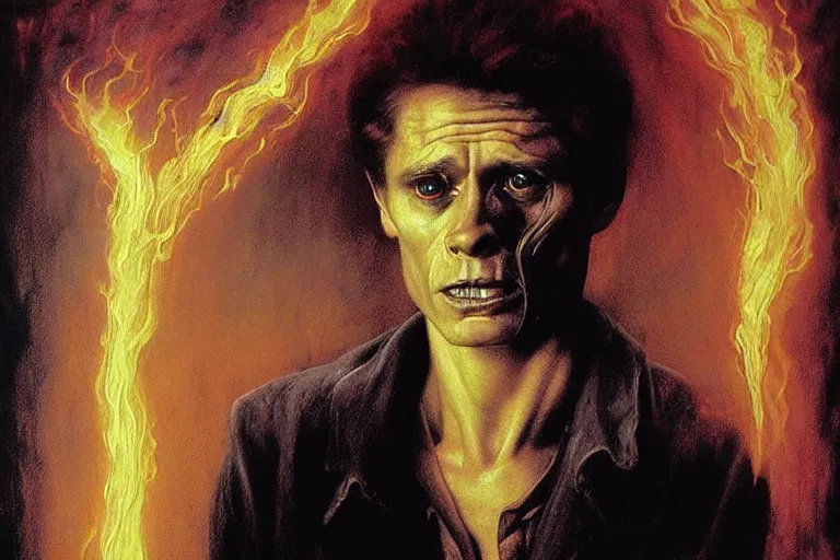 Image similar to young willem defoe in “ constantine ” ( 1 9 8 4 ) artwork, 4 k digital art, neon, 8 0's style tomasz alen kopera, peter mohrbacher, donato giancola, ilya repin, drew struzan hyperrealistic oil painting, gothic ghost horror biomechanical hell demons, frank frazetta