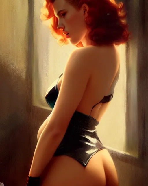 Image similar to photo of scarlett johansson, by greg rutkowski, gil elvgren, glossy skin, pearlescent, anime, maxim magazine,