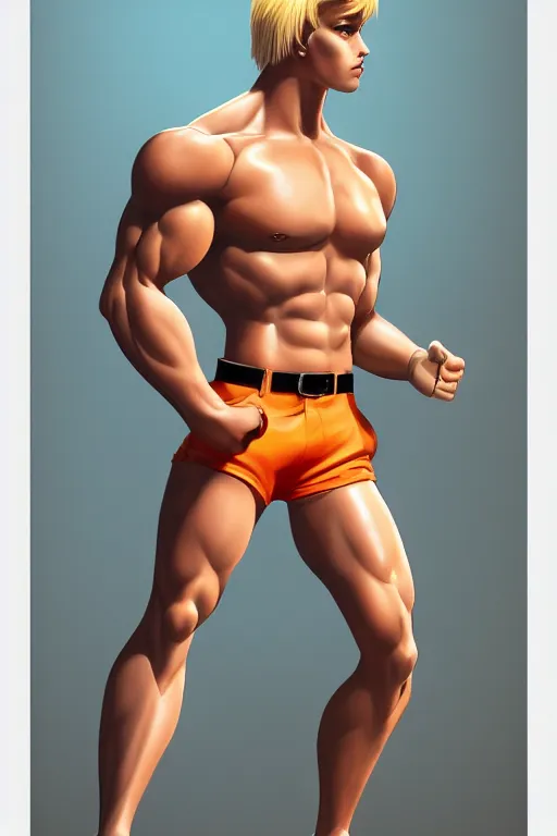 Image similar to a handsome man with blonde hair, ken doll, male android, muscular, wearing a cut-off white top and short light orange shorts, stands by a swimming pool, facing forward, in the style of artgerm and moebius and annie liebovitz, photorealistic, highly detailed, trending on artstation