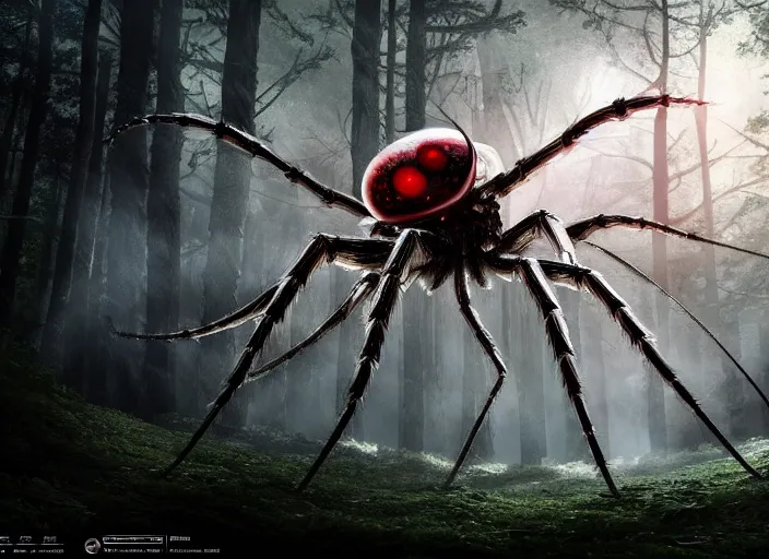 Image similar to knight fights off a giant white crystal clear spider with huge red eyes in a forest. highly detailed 8 k. intricate. lifelike. soft light. fantasy horror style. cinematic post - processing