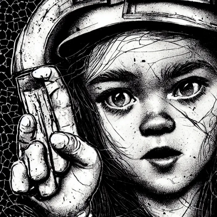 Image similar to extreme close - up on sadie sink as a miner : she lifts a slice of bread with her hand, looks at it. background : black tiles!! on walls. black and white, pencil and ink. by gabriel hardman, joe alves, chris bonura. cinematic atmosphere, detailed and intricate, perfect anatomy