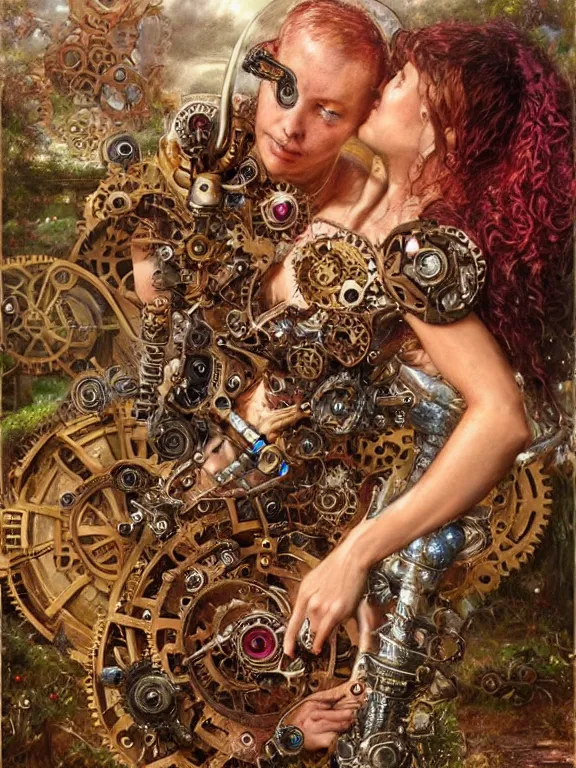 Image similar to a steampunk rose sword piercing a human heart who embellished gears wheels and gemstones,in the rain,by William Holman Hunt,Greg Rutkowski,Stanely Artgerm,peter gric,aaron horkey,trending on pinterest,luxury,mythological,ultra realistic,high detail,concept art,golden ratio,cinematic lighting,maximalist