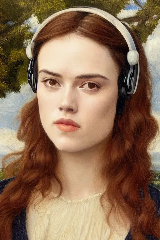 Prompt: a pre raphaelite painting of daisy ridley wearing headphones and sunglasses by dante gabriel rossett