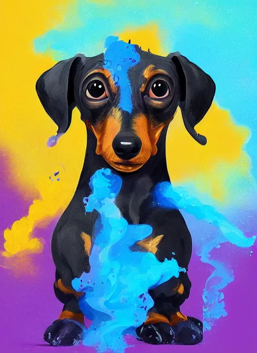 Prompt: a painting of a dachshund facewith its tounge sticking out, with blue and yellow smoke coming out of, a digital painting by petros afshar, behance contest winner, digital art, behance hd, digital illustration, digital painting