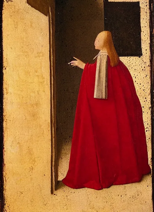Prompt: Profile of Fallen Angel dressed in red, Medieval painting by Jan van Eyck, Johannes Vermeer, Florence