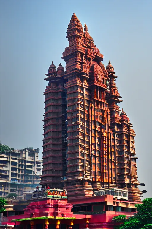 Prompt: hanuman! head building in mumbai!! centre, kalighat, highly detailed, high quality 3 d futuristic biomorphic, cinematic smooth, berenice abbott & john j. park, dramatic warm morning light, wide shot, high angle, uhd 8 k, sharp focus