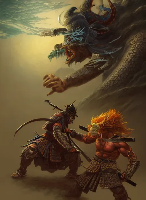 Prompt: a samurai fighting an oni, in the style of tomasz alen kopera and fenghua zhong and peter mohrbacher, mystical colors, rim light, beautiful lighting, 8 k, stunning scene, raytracing, octane, trending on artstation