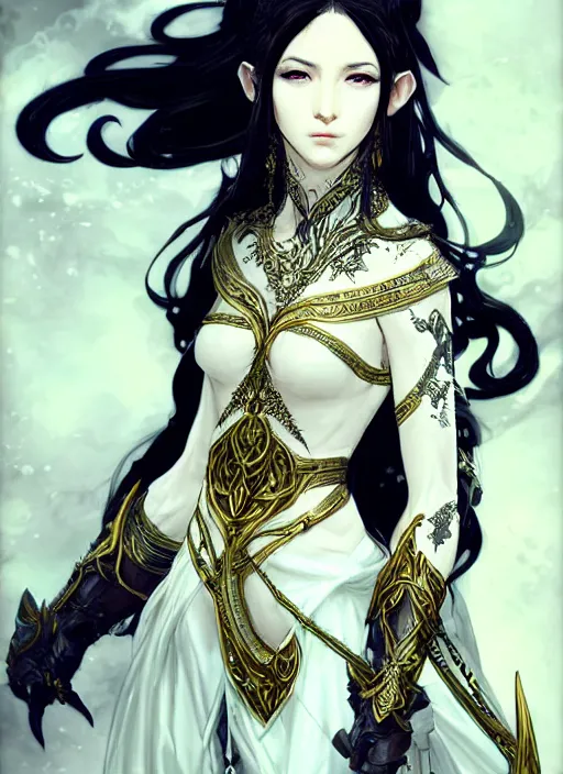 Prompt: Half body portrait of a beautiful elven healer with long straight black hair wearing ornate white and gold attire. In style of Yoji Shinkawa and Hyung-tae Kim, trending on ArtStation, dark fantasy, great composition, concept art, highly detailed, dynamic pose.