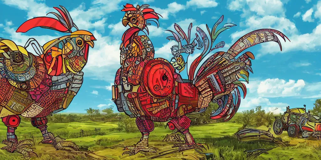 Prompt: colorful illustration of a fully armoured mechanical rooster in a farm landscape, dieselpunk, mix of styles