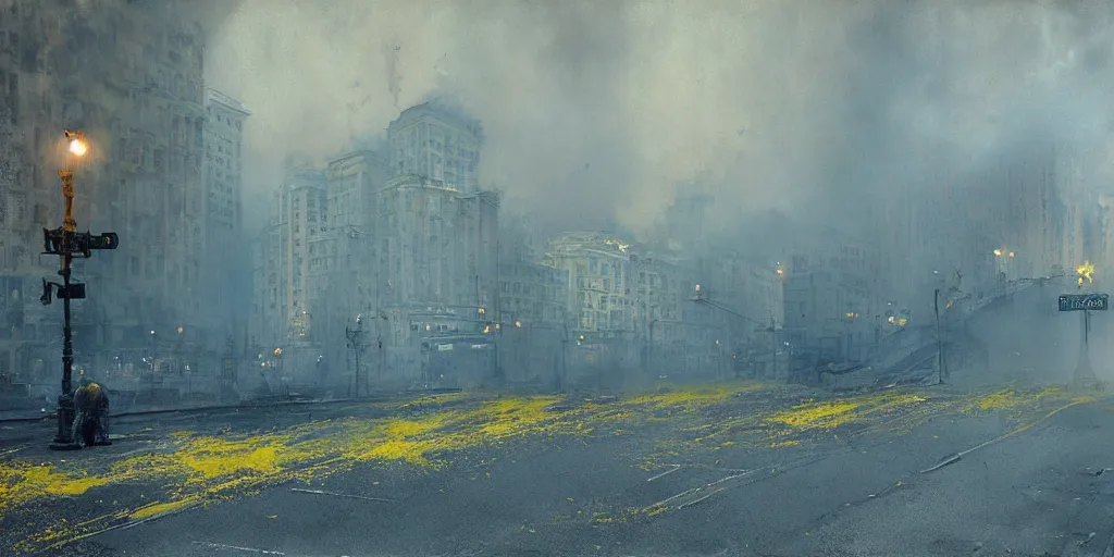 Image similar to kiev city streets covered in yellow and blue smoke, by jeremy mann, by kim keever