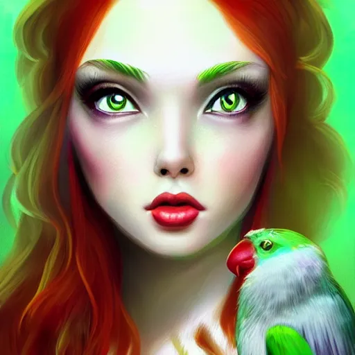 Image similar to a beautiful stunning fantasy whimsical matte digital portrait illustration of a pretty woman with bright green eyes and red hair with her green pet bird, in the style of Ross Tran, trending on artstation, contest winner