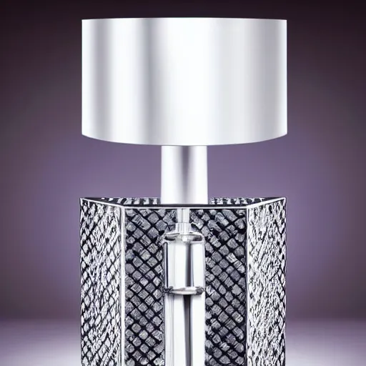 Image similar to a table lamp designed by armani in the shape of perfume, advertising photography