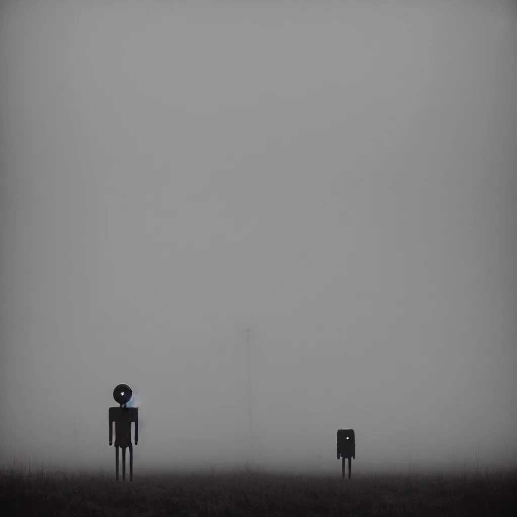 Image similar to a sole angular lanky liminal observer droid, in a brutalist yet rural landscape by simon stalenhag, 3 5 mm film photography, dawn, eerie fog