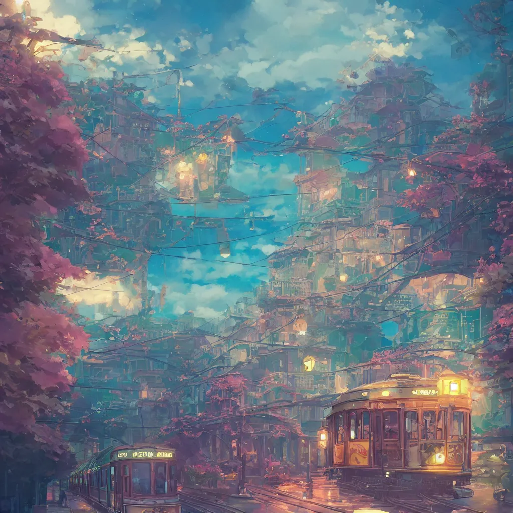 Image similar to a streetcar is running on the chromatic sea composed of colorful pearls and shells, unreal engine, fantasy art by greg, loish, rhads, ferdinand knab, makoto shinkai and lois van baarle, ilya kuvshinov, rossdraws, tom bagshaw, radiant light, trending onstudio ghibli, highly detailed, octane render, 8 k