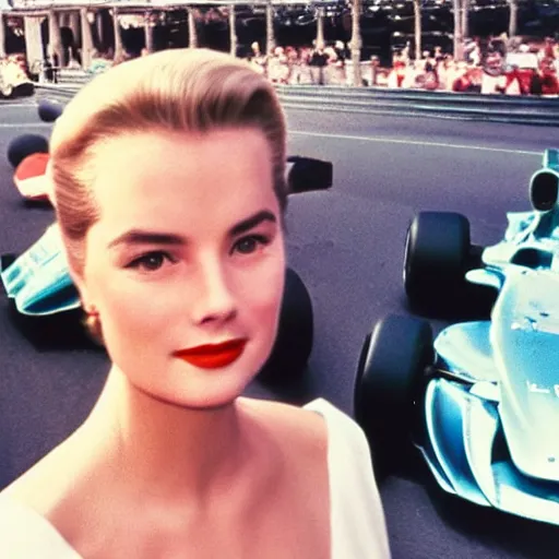 Image similar to selfie smartphone photo of a young Grace Kelly at the Monaco Gran Prix, F1 cars blurred in background, iphone photo, smartphone resolution, trending on instagram, influencer photography