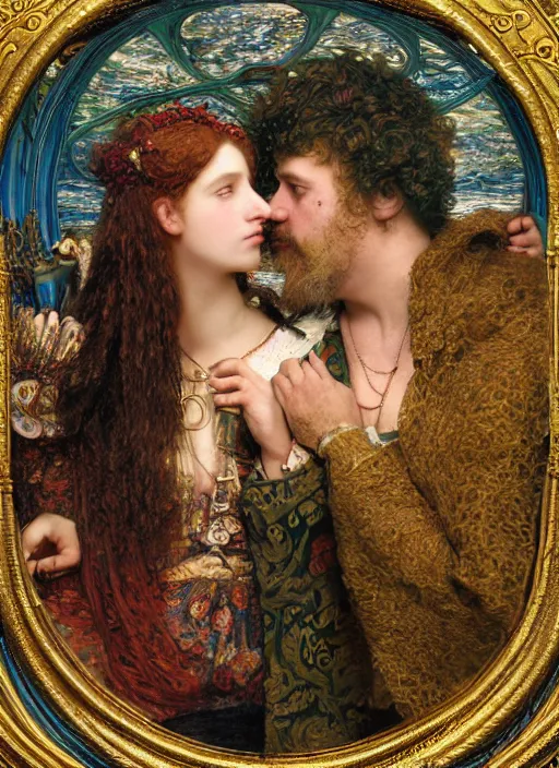 Prompt: detailed colourful masterpiece of intricate preraphaelite photography couple portrait sat down extreme closeup, love, inside a crowded underwater train, man with long beard and glasses, woman with large lips eyes, detailed realistic expressions, wearing unusual clothes, by ford madox brown and william powell frith and frederic leighton and john william waterhouse and greg hildebrandt and william morris, ultra wide angle