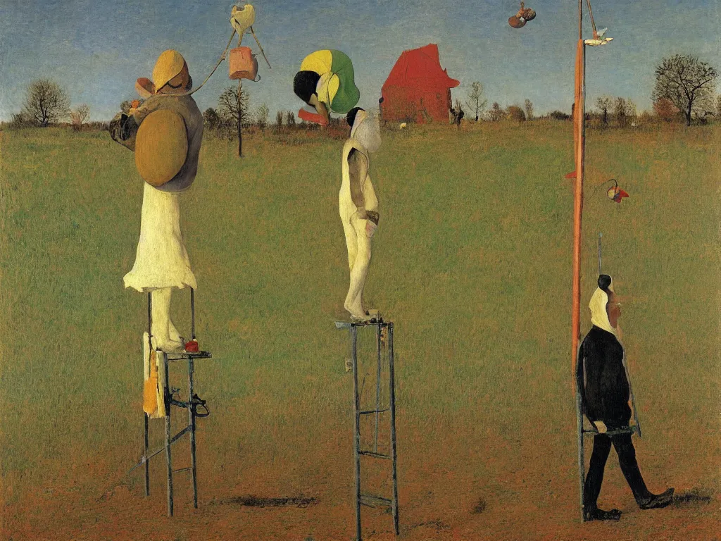 Prompt: painter with canvasses walking on stilts in the age of mechanical germination. painting by bruegel, monet, agnes pelton, max ernst, rene magritte,