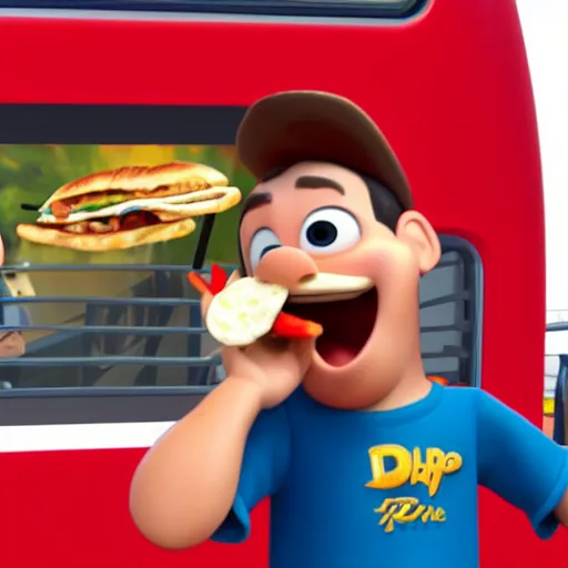 Image similar to disney pixar animation of phil the power taylor eating a kebab in a bus station