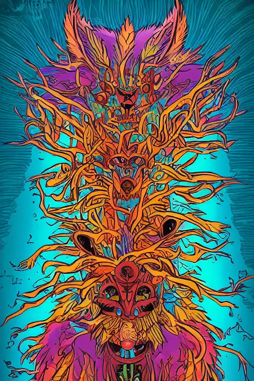 Image similar to animal mask totem roots flower tribal feather gemstone plant wood rock shaman vodoo video game vector cutout illustration vivid multicolor borderlands comics by josan gonzales and dan mumford radiating a glowing aura